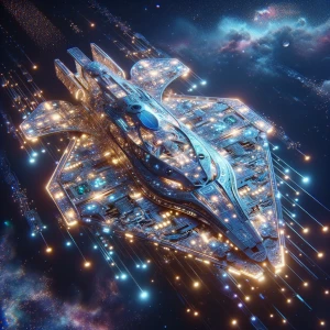 A luminous cyberpunk skiff sails through a tranquil night sky, a...