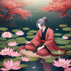 Kneeling in a lotus pond, lots and lots of lotus flowers