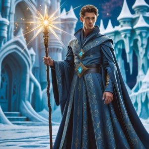 Design an image of a handsome male wizard donned in a sophistica...