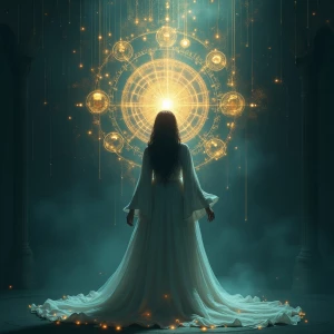 Design a dynamically lit 2.5D art portrait of an oracle capable...