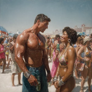 Create a hyperrealistic painting of a muscular, sweaty American...