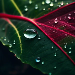Close-up of a raindrop on a vibrant leaf, using a macro lens for...