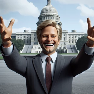 Donald Trump grinning, arms outstretched to his sides, standing...