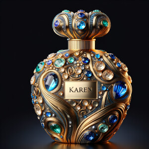 Create a 3-D realistic gold and blue, colorful jewels perfume b...