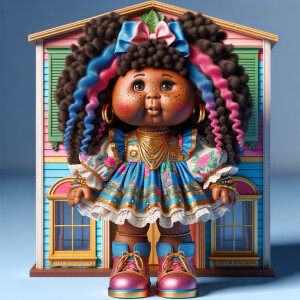 Design a 3-D realistic original African-American Cabbage Patch doll. She has on a blue pink and gold dress with matching booties. She has pink and blue bows in her hair. she lives inside of a colorful dollhouse. She has freckles and big dimples.