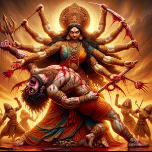 Portrait of angry four-armed goddess durga slaying mahishasur by carrying him in her arms and stabbing him with her red long nails. she should wear Gold jewelry all over the body. Mahishasur should have wounds all over his body. mahishasur should be smaller in size compared to Goddess durga. Background is an intense battlefield. reddish hue everywhere and sunset in the background.  Epic scene. 4k, HDR.