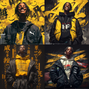 "ASAP Rocky realistic face wearing Puma in realist style surroun...