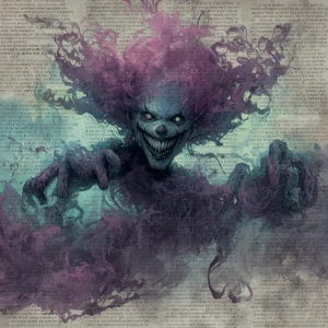 Generate an image :"Illustrate an eerie, sinister clown emerging...