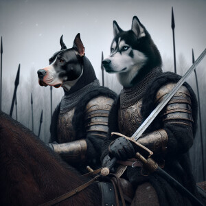 Create a realistic picture of a humanoid pit bull and husky as t...