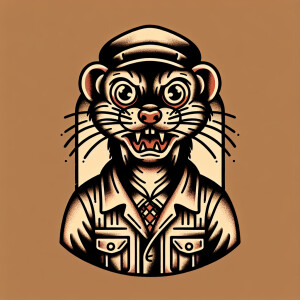 weasel with bulging eyes, looking mad, wearing a mechanics jumps...