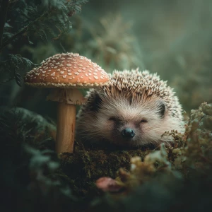 Tiny hedgehog resting beside mushroom