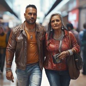 Photorealism,fantasy,a bodybuilder man ,walking with his 50 year...