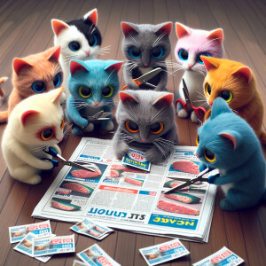 Cats cutting out coupons , sale on tuna