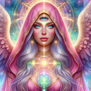 A celestial divine feminine Taurus figure with glowing blue eye...