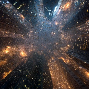 Macroscopic aerial view of New York City skyscrapers, surreal at...