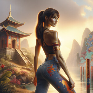 Athletic Thin skinny Attractive, Asian teenage girl, long brown hair and bangs, wearing tight skinny jeans and a halter top paint marks on her clothing, heroic pose Asian graffiti background, backside view