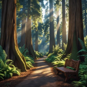 Sun-drenched forest path:**  A winding path bathed in dappled su...