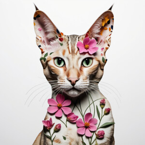 Create an outline of an oriental cat made of pressed flowers (an...