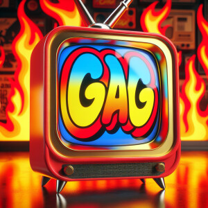 Tube TV with the word “GAG” on the screen on fire cartoon logo