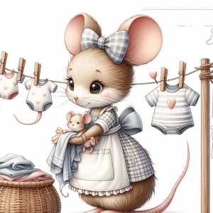 A picture of a cute mother mouse with big eyes, wearing an apron and a bow on top of her head, she is  hanging laundry on the clothing line wich has 2 mouse babies hanging from the line wrapped in a blanket and held by clothing pins on the line. The laundry line has baby shirts hanging from it. Full shot. watercolour illustration with pencil outline