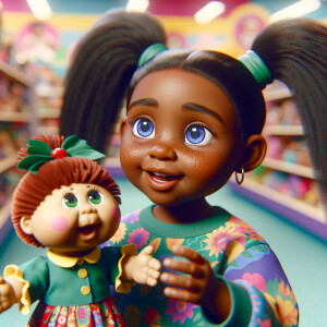 Create a 3-D realistic image of an African-American little girl above the age of five she has huge, blue eyes and thick long ponytails.
She is in a toy store and she is playing with her favorite african-American Cabbage Patch doll , the doll has deep, dimples and freckles