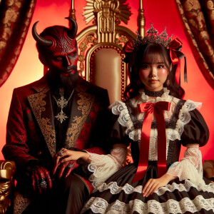 A girl with elegant gothic lolita dress sit beside Lucifer on the throne, red background