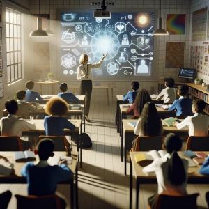 Make an image in a well decorated classroom with secondary schoo...
