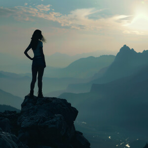 Fair-skinned woman with dark long hair, elegant and composed, we...