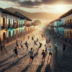 antigua, guatamala have people playing a soccer game on the cobb...