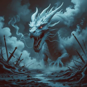 "Illustrate an eerie, sinister Dragon emerging from a swirling mass of toxic fumes. The Dragon's form is barely solid, its features constantly shifting and reforming within the dense, suffocating smoke. Its face, distorted and grotesque, peers out from the fumes with hollow, empty eyes that glimmer with malevolent intent. The mouth, filled with jagged, smoke-formed teeth, stretches into a macabre grin that seems to float and twist in the toxic haze.

The rest of the Dragon's body is an ethereal blend of noxious gases, with appendages elongating and curling like tendrils of poisonous vapor. Around it, the environment is bleak and barren, with twisted remnants of dead vegetation and decrepit, rusted swords half-buried in the ground. The air is thick and acrid, giving off an unsettling, chemical glow that casts eerie shadows.

Stray tendrils of fume slither across the ground, reaching out like ghostly fingers toward any living thing that comes near. The overall color palette should be muted and dark, with sickly blues, crimson, and blacks dominating the scene, to enhance the toxic and foreboding atmosphere. 

This visual blend of smoke and sinister Dragon should elicit a sense of dread and unease, making it both fascinating and horrifying."