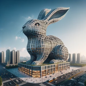 Create a 3D image of a building designed in the shape of a big...
