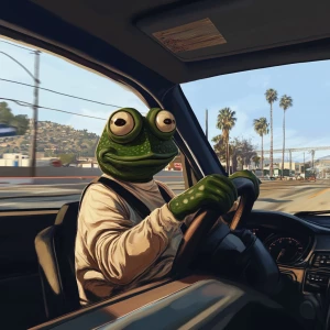 pepe meme in GTA style driving a car