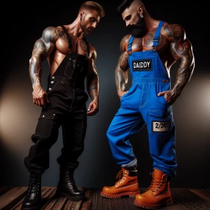 Two muscular men are posing closely together, showcasing intrica...