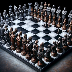 Create a 3-D realistic oil painting of chessboard with human Afr...