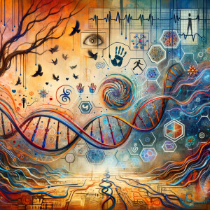 circuitry, diagrams Cellular structures, DNA, circuit boards, colorful wires,  asian and Egyptian  graffiti, lie detector graphs, cardio, printout , branches infinity sign, cave, Art, handprints, distant birds flying, flowering vines, abstract gestural painting, dna