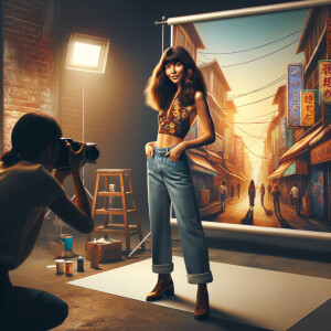 Athletic Thin skinny Attractive, Asian teenage girl, long brown hair and bangs, wearing tight skinny jeans and a halter top paint marks on her clothing, heroic pose Asian graffiti background, backside view