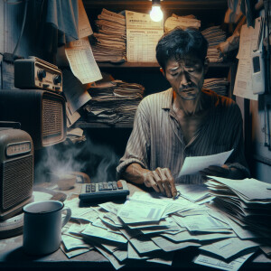 Describe a scene depicting the life of a person facing financial...