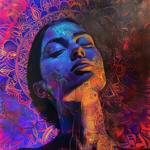 A head on portrait of a woman against a detailed mandala pattern...