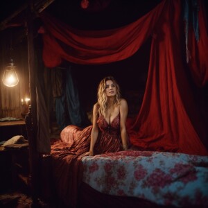 A married Wench clothes torn, squatting beside a bed at a pirate...