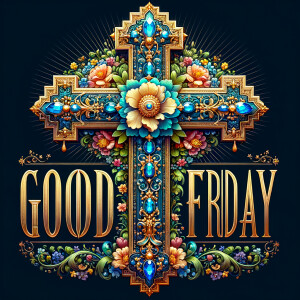 Create an image of a majestic cross, larger in size, with a harm...
