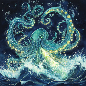 A grotesquely beautiful kraken-like creature floats above the oc...