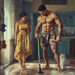 A muscular beefy indian man proposing his 50 years old housemaid...