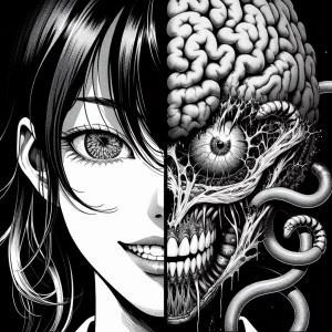 **Face close-up, girl, half her face is a mantis, full length,br...