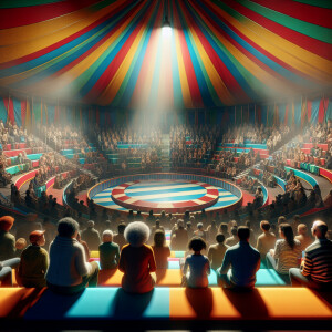 People are sitting in the circus tent waiting for the performanc...