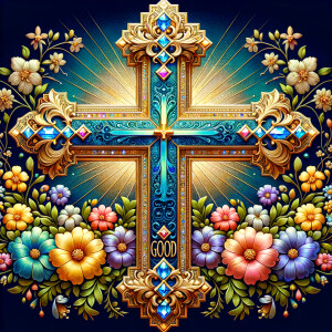 Create an image of a majestic cross, larger in size, with a harm...