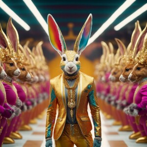 Muscular anthropomorphic rabbits on a runway, adorned in trendy...