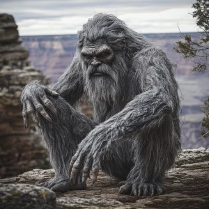 A humanoid looking grey haircovered sasquatch with a matted bear...