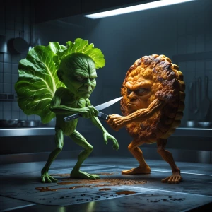 In a dimly lit kitchen arena, an anthropomorphic lettuce stands...