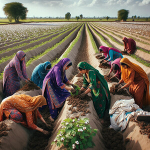 Women villagers in Pakistan are carefully planting cotton seeds...