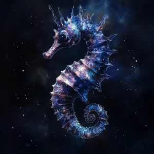 Create an image of a seahorse that embodies elements of darkness and the cosmos, featuring distinctive cool tones that are rare and not typically seen.